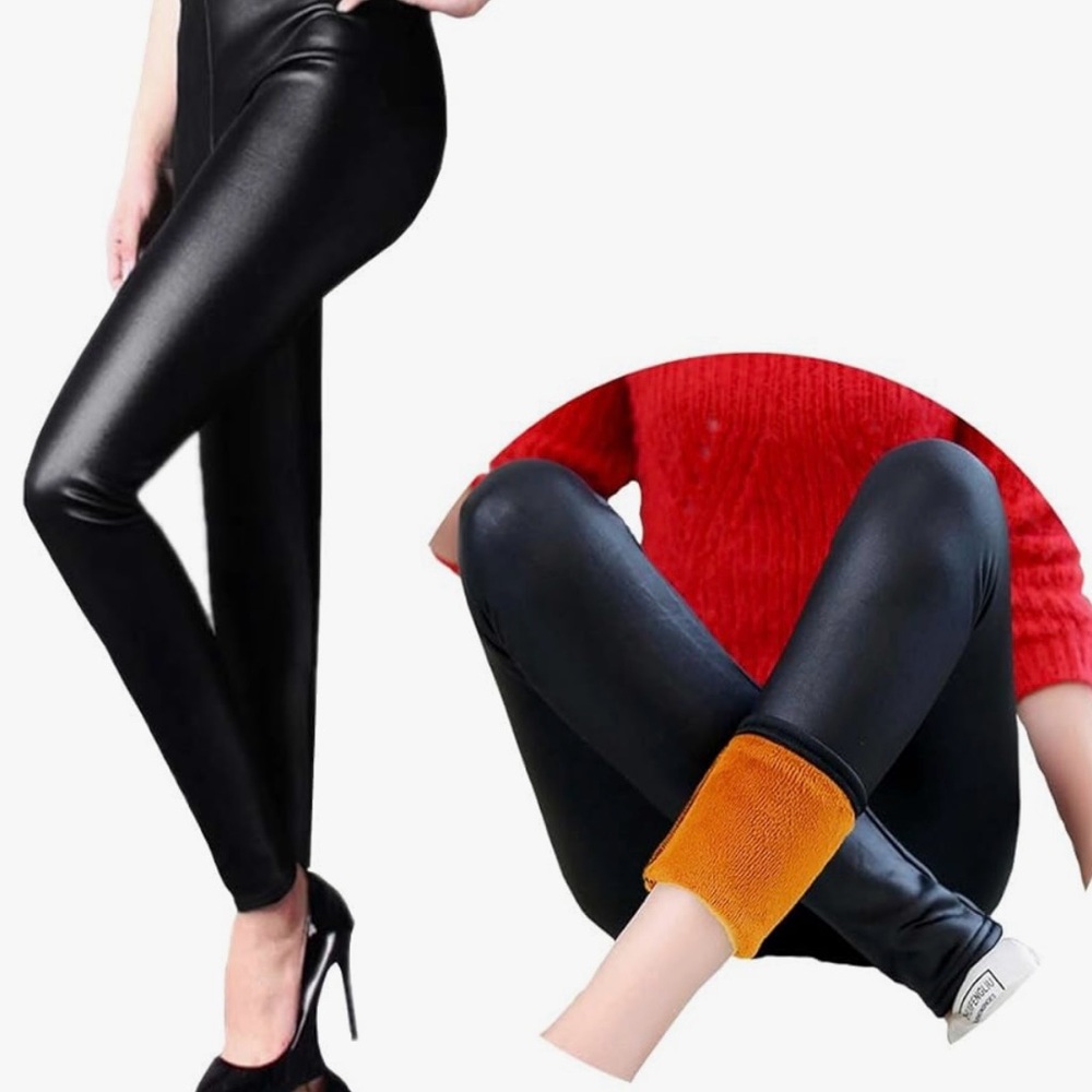 Women's Black Faux Leather Fleece Leggings